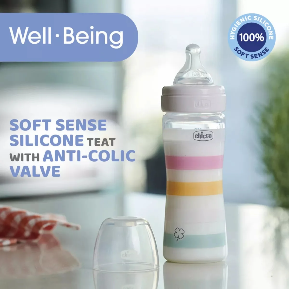 Biberon cu tetina din silicon WellBeing PP 2 luni+ Orange, 250ml, Chicco