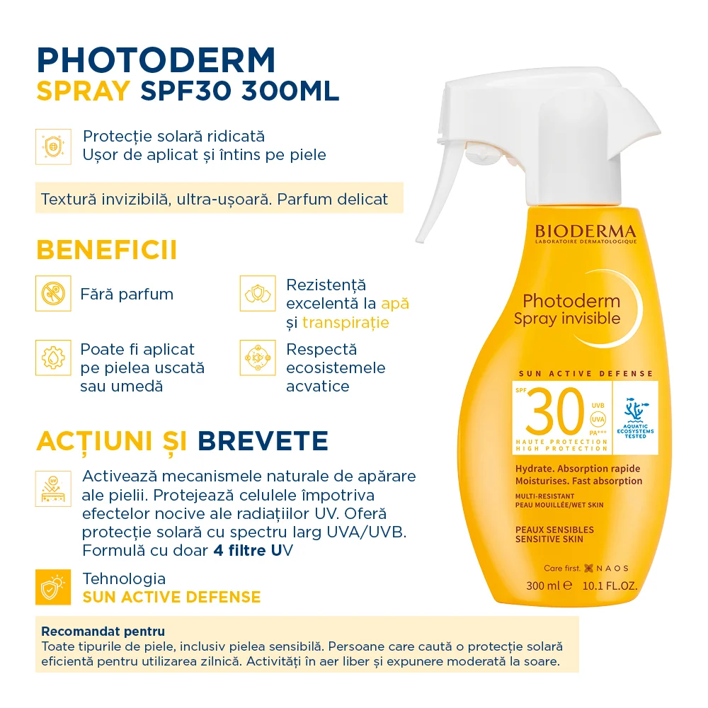 Spray invizibil pentru protectie solara SPF30 Photoderm, 300ml, Bioderma