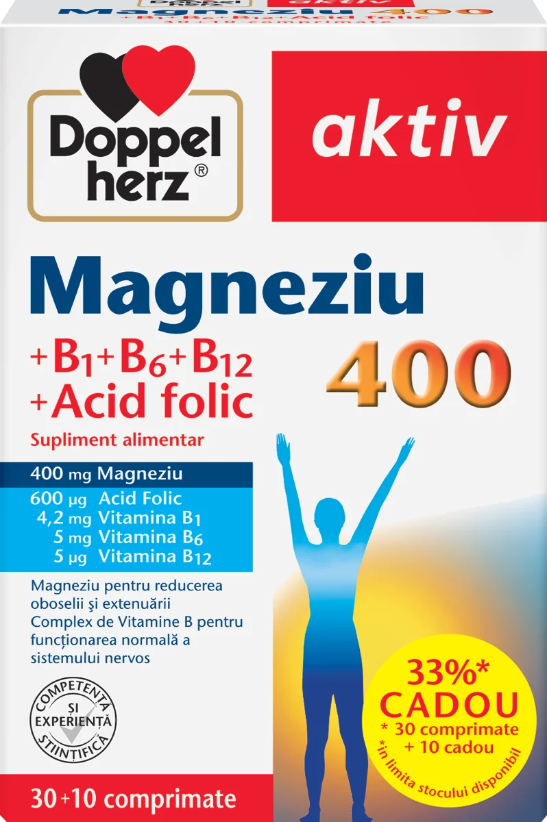 Magneziu 400 + B1 + B6 + B12 + Acid Folic, 30 + 10 comprimate, Doppelherz 