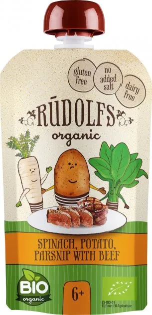 Piure cu spanac + cartofi + pastarnac si vita 6+ Bio, 110g, Rudolfs
