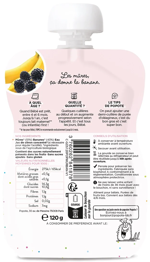 Piure cu mure si banane, 4-6 luni Bio, 120g, Popote