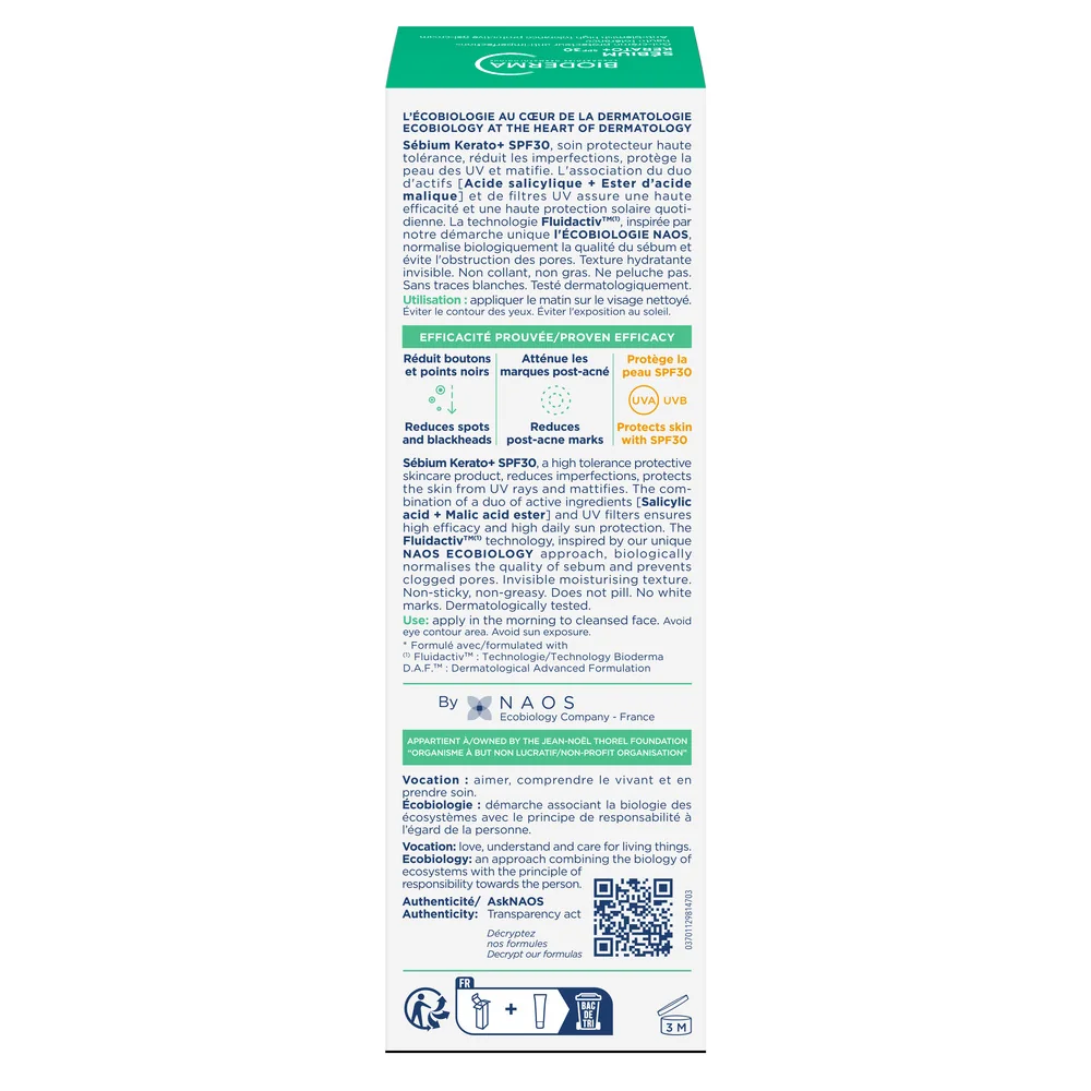 Gel-crema anti-imperfectiuni cu actiune keratolitica si protectie solara pentru ten predispus la acnee Sebium Kerato+ SPF 30, 30ml, Bioderma