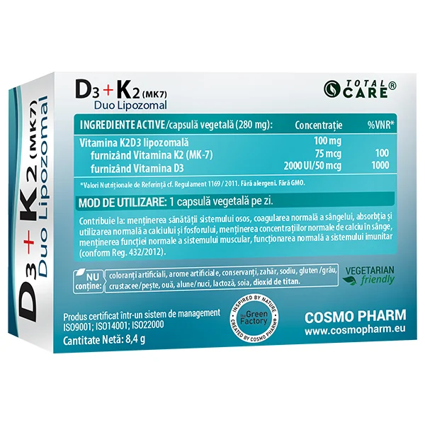 D3 + K2 MK7 Duo lipozomal, 30 capsule, Cosmopharm