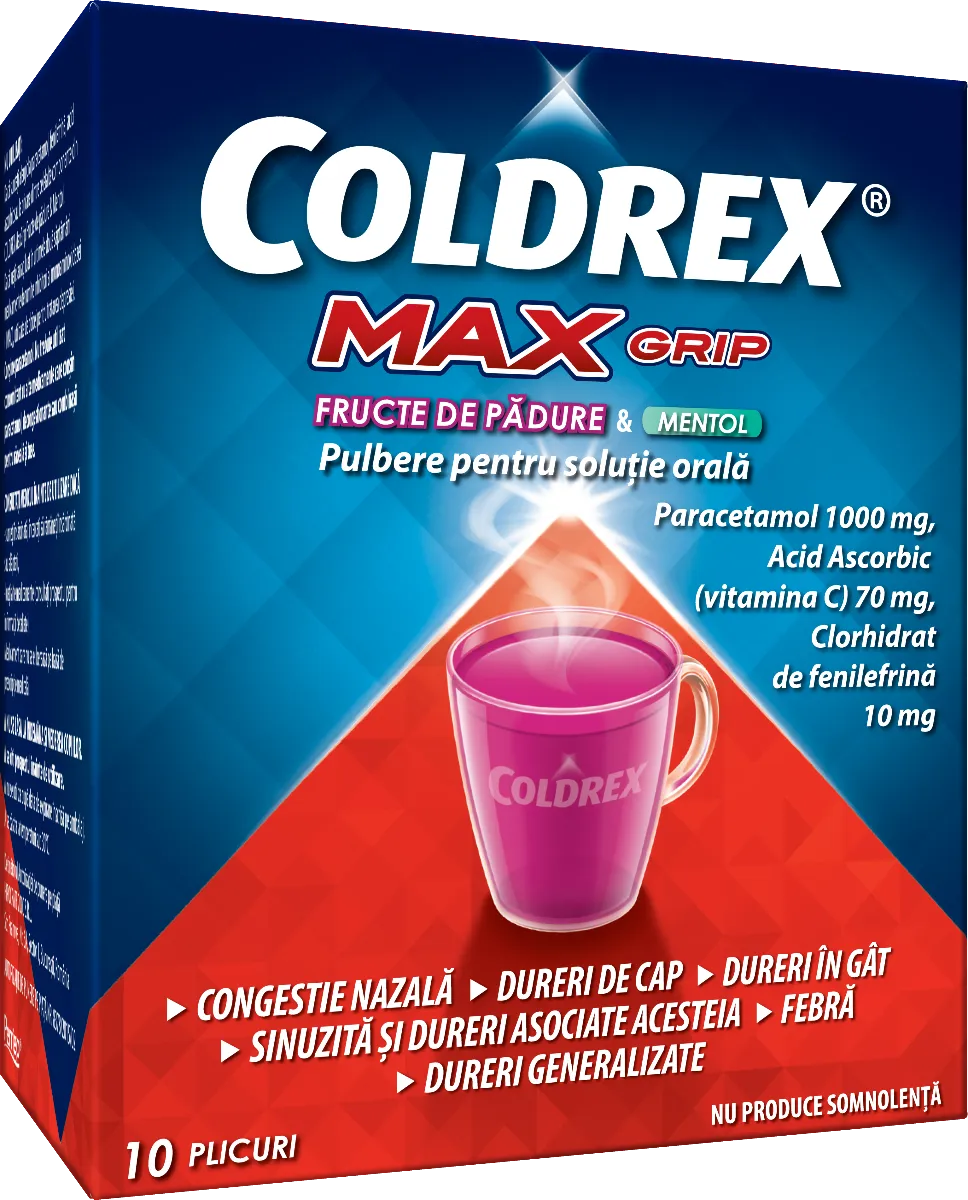 Coldrex MaxGrip fructe de padure si mentol, 10 plicuri, Perrigo