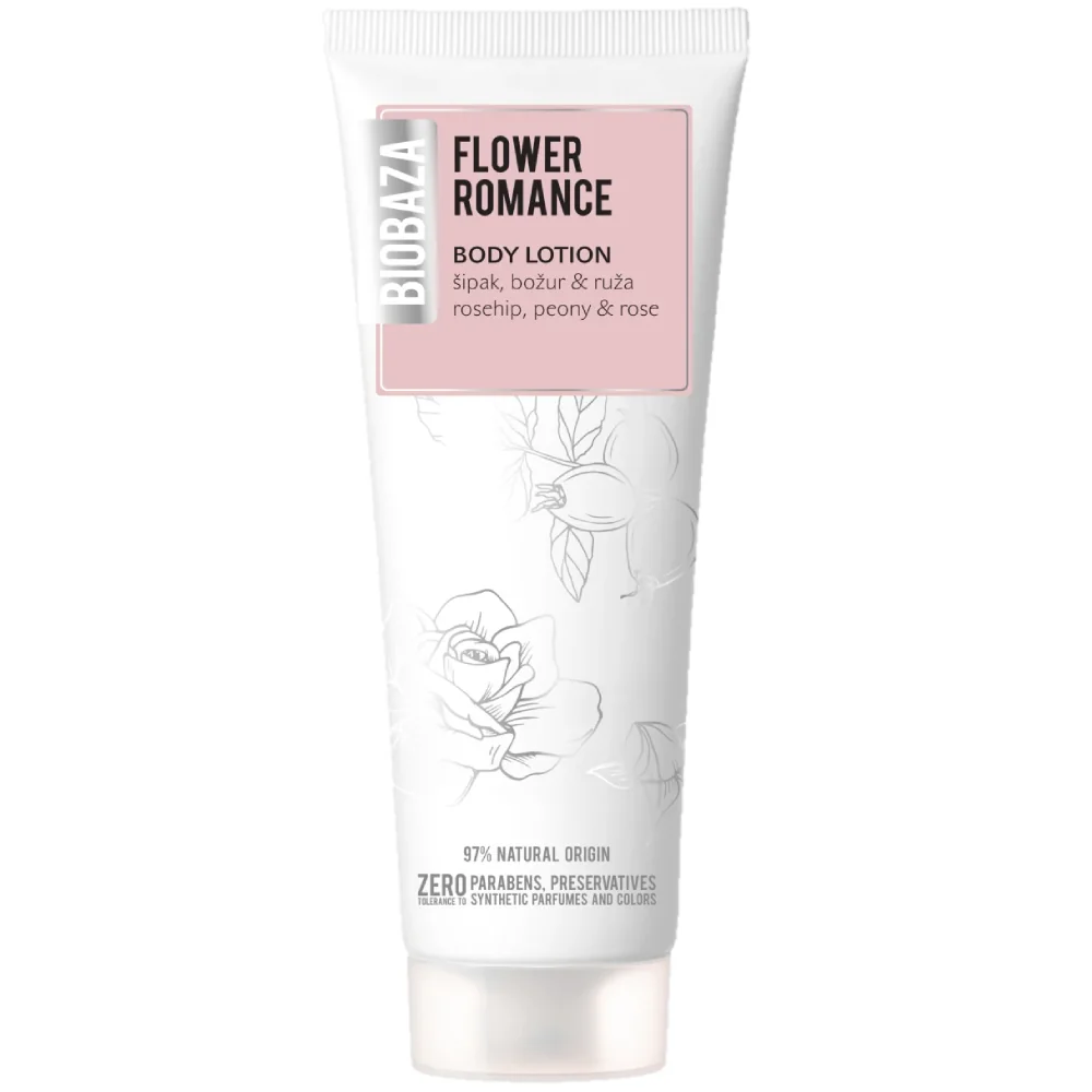 Lotiune de corp cu parfum natural de trandafir si extract de bujor Flower Romance, 250ml, Biobaza