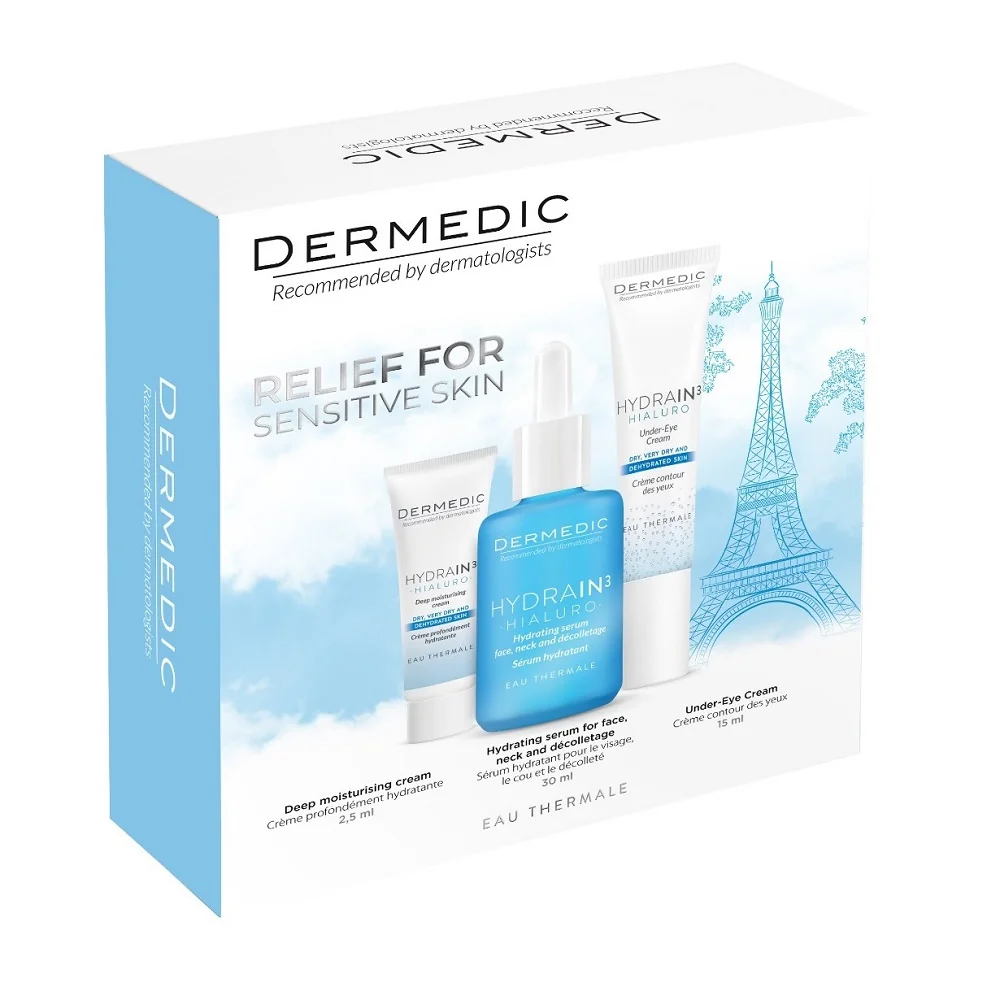 Pachet Hydrain3 Ser hidratant 30ml + Crema contur ochi 15ml + Crema SPF15 2.5ml, Dermedic