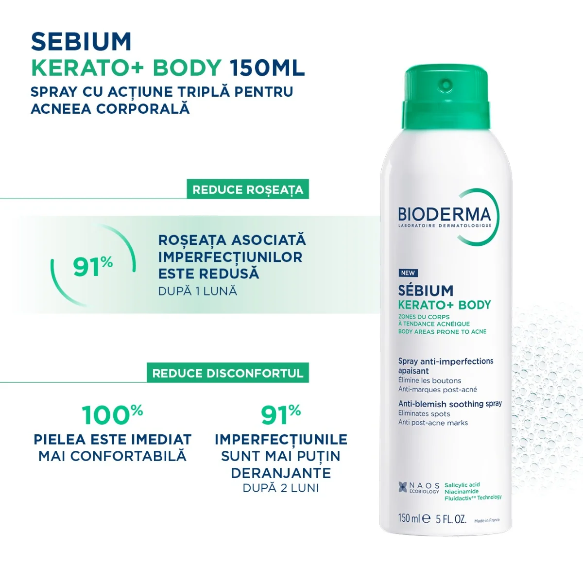 Spray de corp calmant anti-imperfectiuni Kerato+ Sebium, 150ml, Bioderma