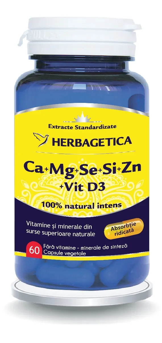 Ca+Mg+Se+Si+Zn Organice cu Vitamina D3, 60 capsule, Herbagetica