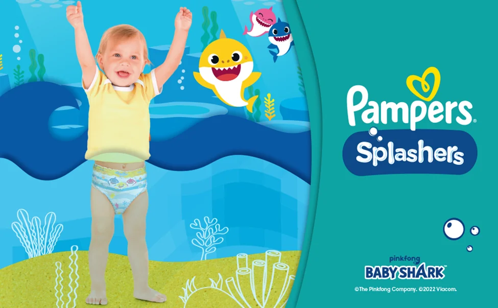 Pampers Splashers, scutece pentru apa cu design Baby Shark, potrivite pentru joaca la piscina sau mare. Pampers Splashers, scutece pentru apa cu design Baby Shark, potrivite pentru joaca la piscina sau mare.