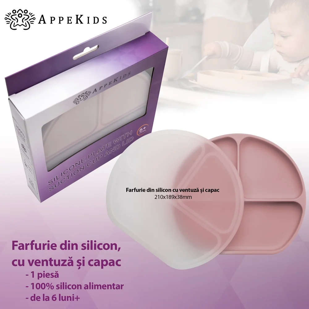 Farfurie compartimentata din silicon cu ventuza si capac Old Rose 6 luni+, 1 bucata, Appekids