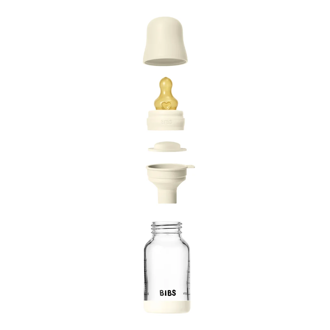 Set complet biberon din sticla anticolici cu tetina din latex flux lent Ivory, 120ml, Bibs