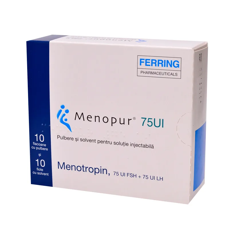 Menopur 75UI solutie injectabila, 10 flacoane cu pulbere+10 fiole cu solvent, Ferring 