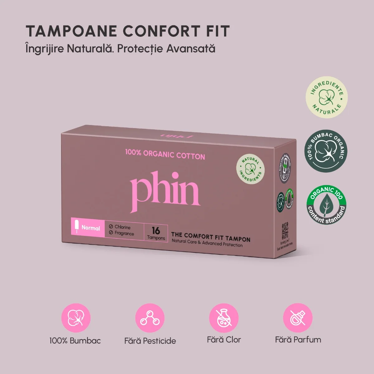 Tampoane din bumbac organic, 16 bucati, Phin
