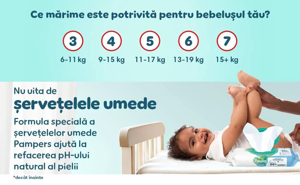 Gama Pampers: Harmonie, Premium Care, Active Baby, Premium Care Pants, Pants si Night Pants, disponibile ca scutece si chilotel.
