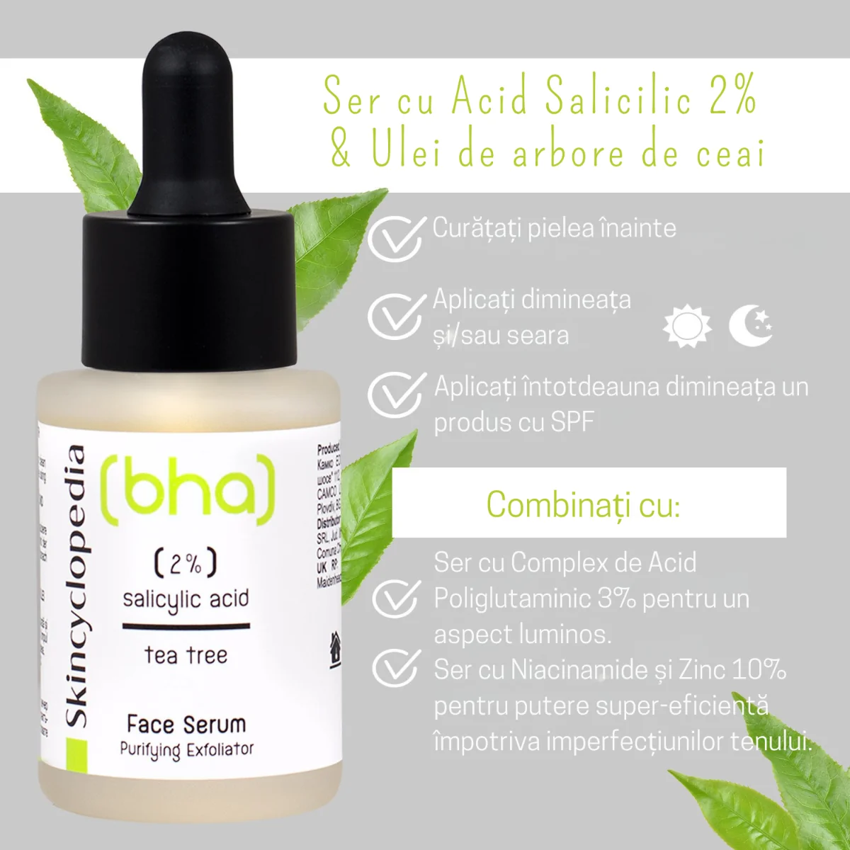 Ser facial cu 2% acid salicilic + ulei arbore de ceai, 30ml, Skincyclopedia