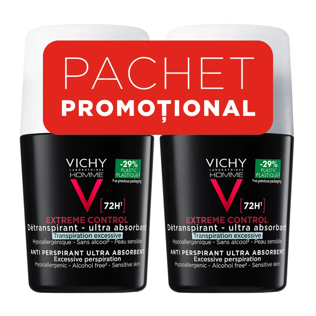 Pachet Deodorant Homme roll-on antiperspirant Control Extrem 72H, 2 x 50ml, Vichy