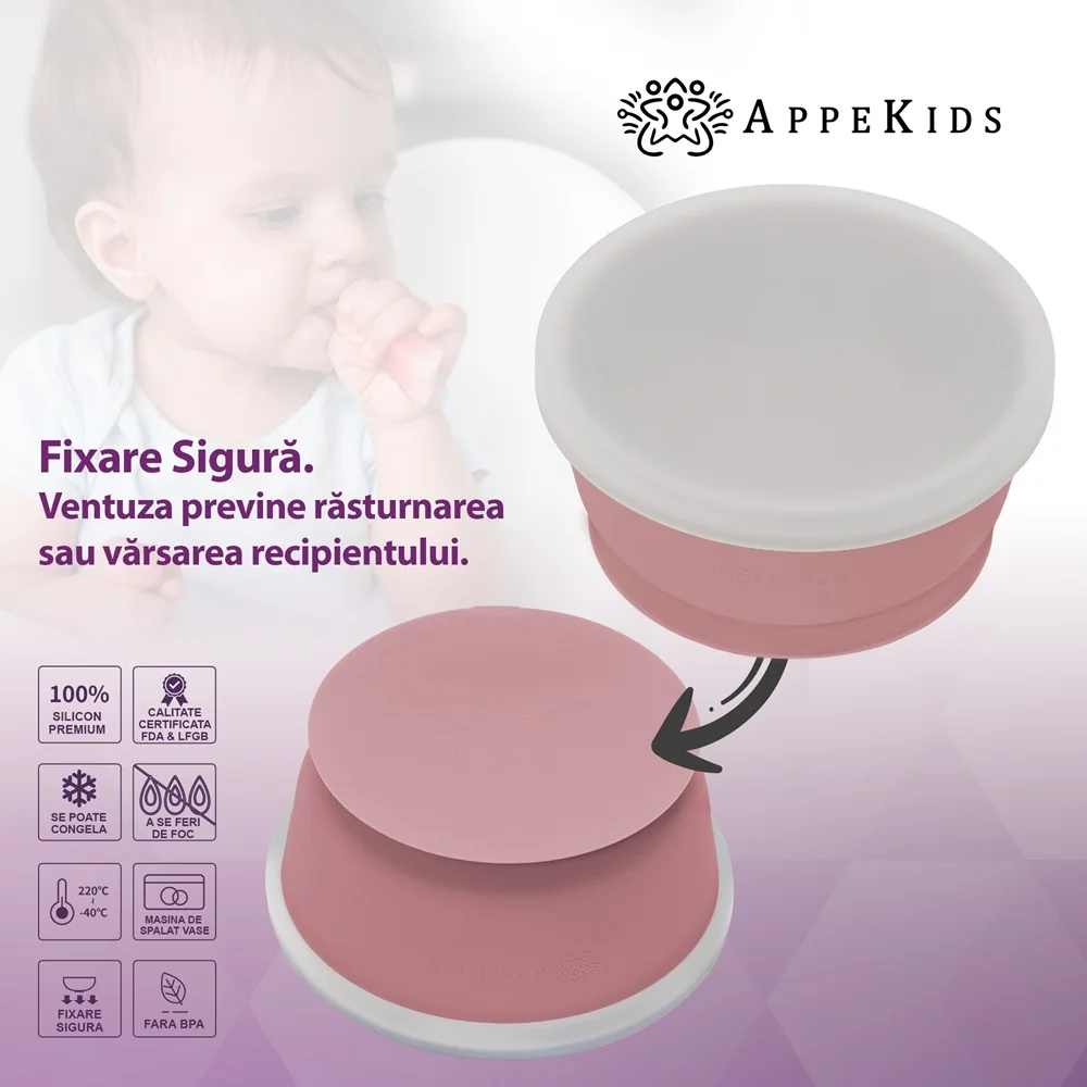 Bol din silicon cu ventuza si capac 6 luni+ Old Rose, 1 bucata, Appekids