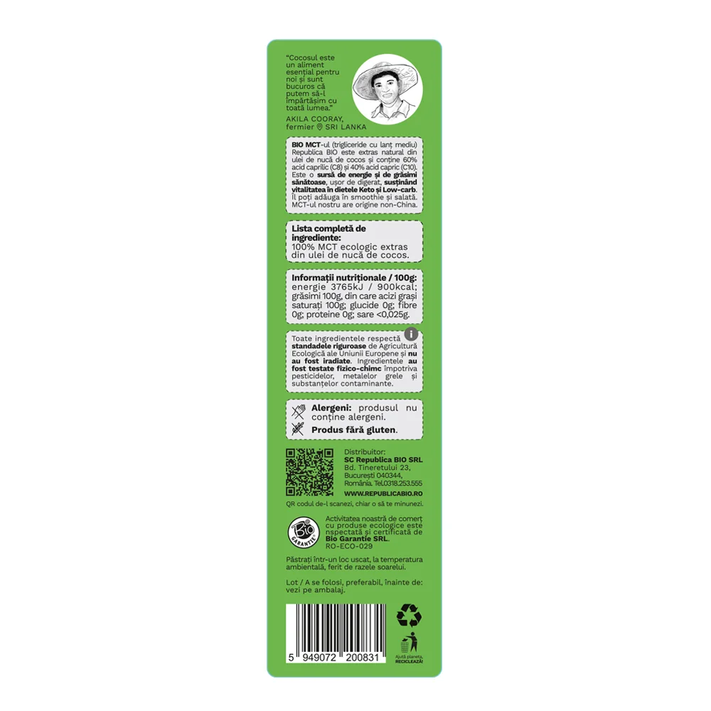 Ulei MCT BIO C8 & C10 din ulei de cocos fara gluten, 250ml, Republica Bio