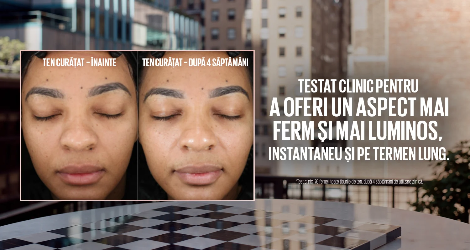 Comparatie inainte si dupa 4 saptamani, evidentiind un ten mai ferm si mai luminos. Comparatie inainte si dupa 4 saptamani, evidentiind un ten mai ferm si mai luminos.