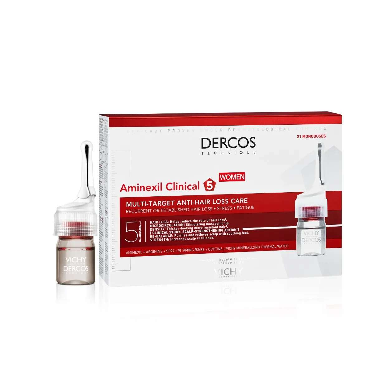 Tratament fiole impotriva caderii parului pentru femei Dercos Aminexil Clinical 5, 21 x 6ml, Vichy