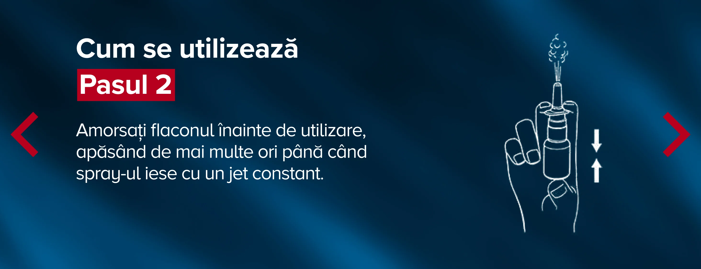 Pasul 2. Amorsati flaconul inainte de utilizare, apasand de mai multe ori pana cand spray-ul iese cu un jet constant. Pasul 2. Amorsati flaconul inainte de utilizare, apasand de mai multe ori pana cand spray-ul iese cu un jet constant.