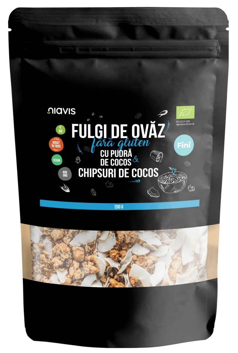Fulgi de ovaz fini fara gluten cu pudra si chipsuri de cocos Eco, 200g, Niavis