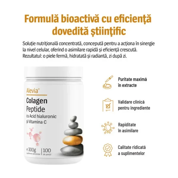 Colagen peptide cu acid hialuronic si vitamina C, 300g, Alevia