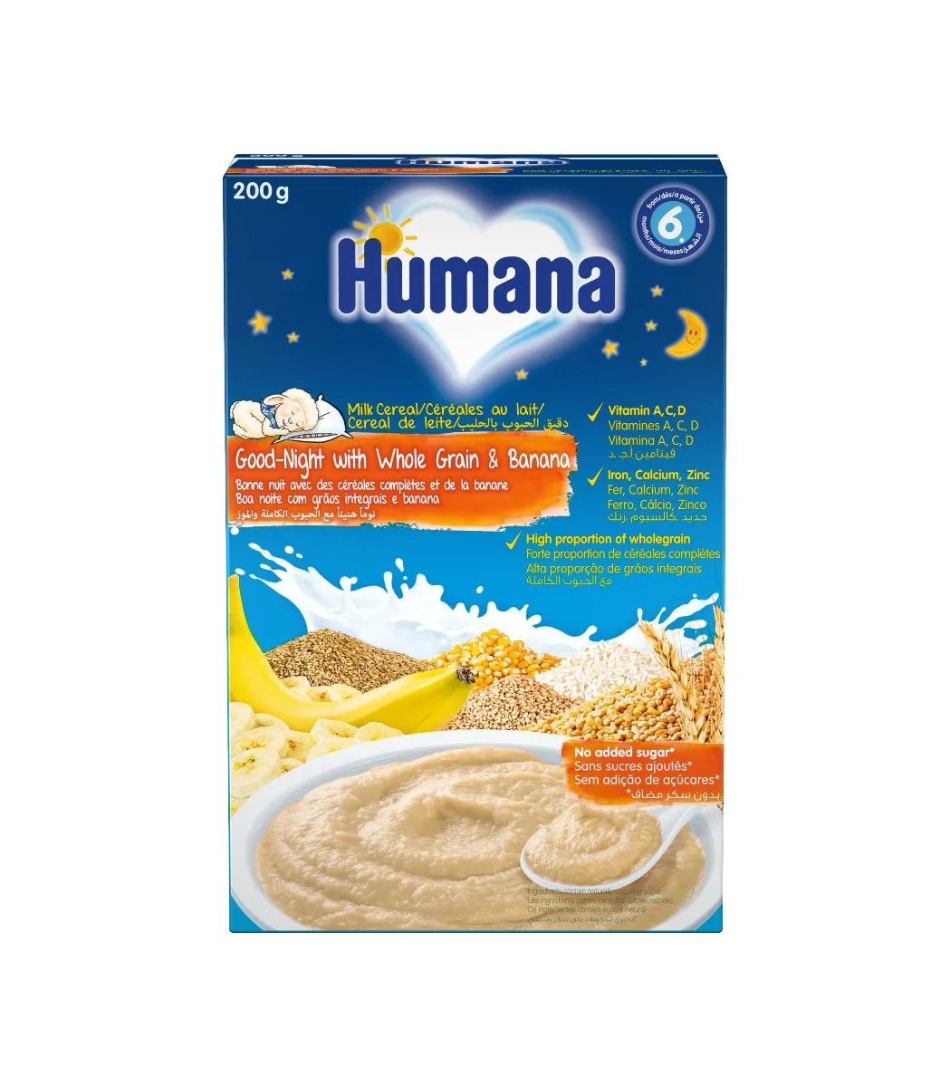 Cereale cu lapte si banana Noapte Buna de la 6 luni, 200g, Humana
