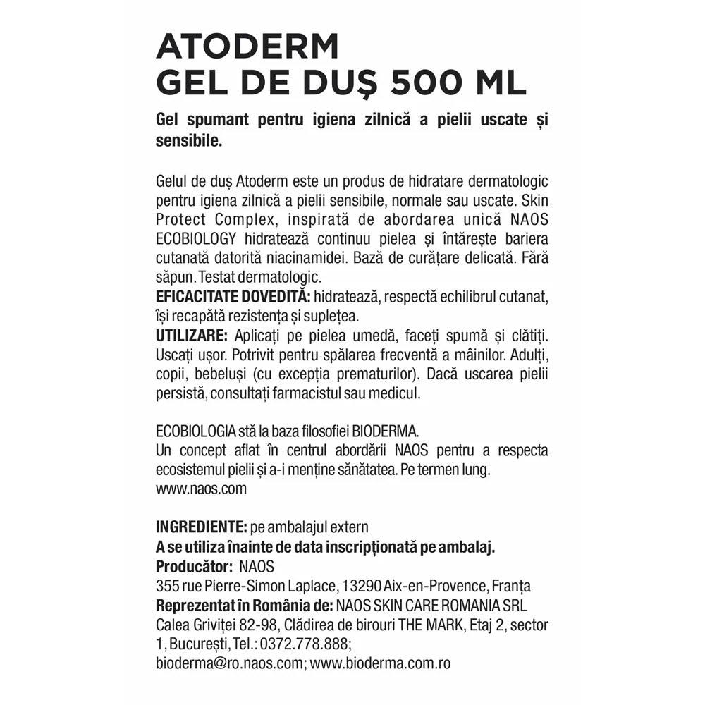 Gel de dus pentru pielea uscata Atoderm, 500ml, Bioderma