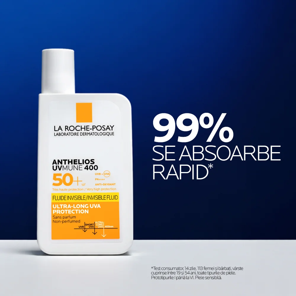 Fluid invizibil cu protectie solara SPF 50+ textura ultra-fluida pentru ten sensibil fara parfum Anthelios UV-Mune 400, 50ml, La Roche-Posay
