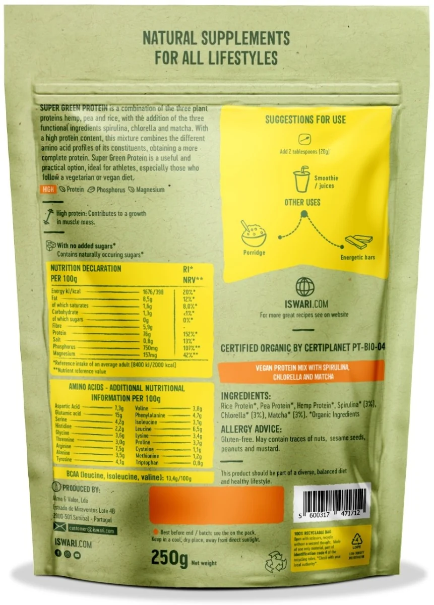 Pulbere proteica si detox bio Super Verde 71.1% proteina, 250g, Iswari