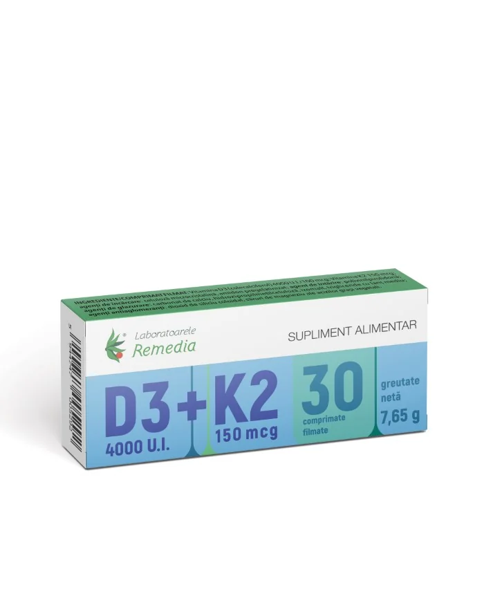 Vitamina D3 4000 UI + K2 150mcg, 30 comprimate filmate, Laboratoarele Remedia