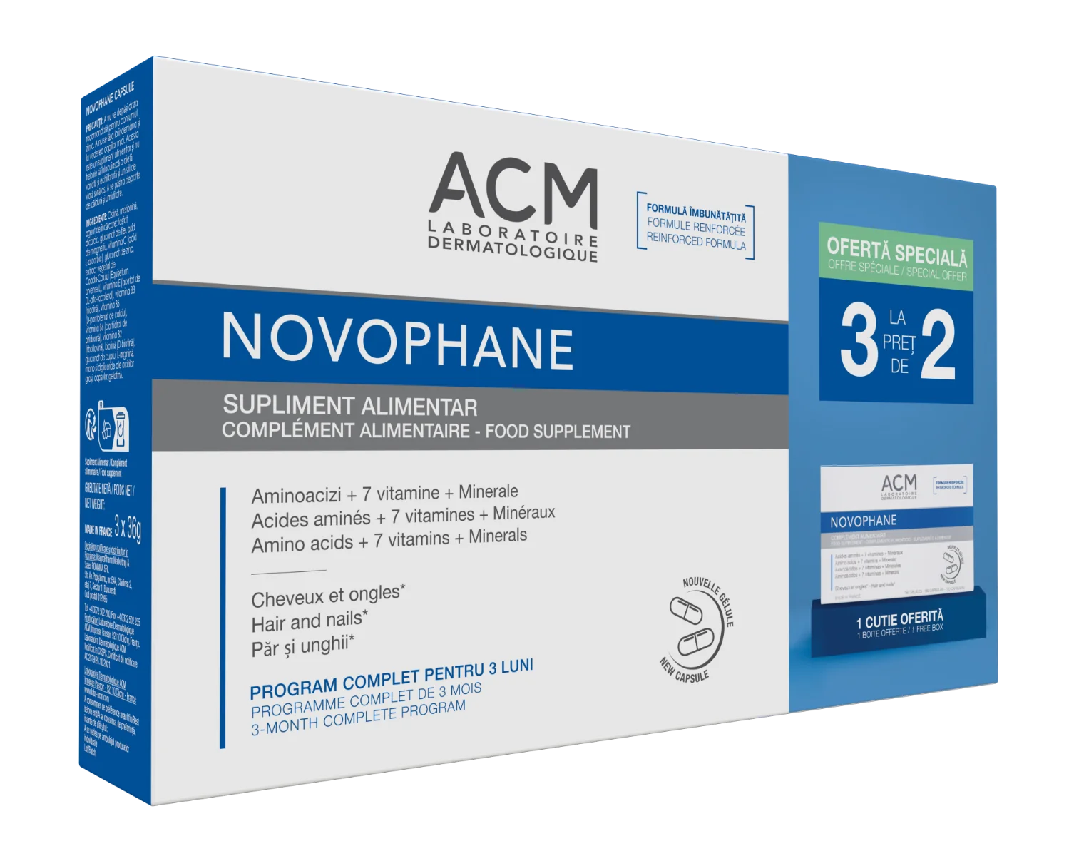 Pachet 3 la pret de 2 pentru unghii si par Novophane, 3 x 60 capsule, ACM