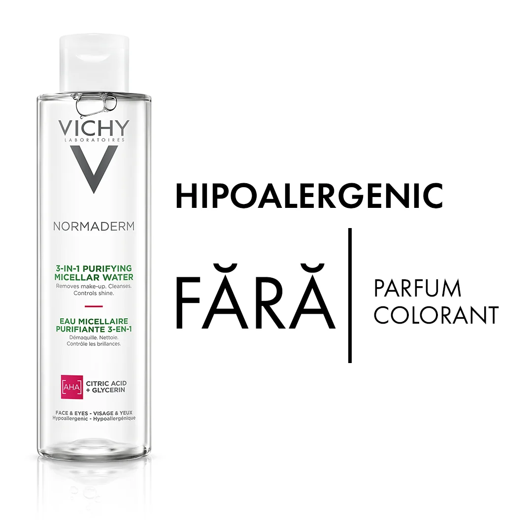 Solutie micelara 3 in 1 pentru ten sensibil gras sau cu tendinta acneica Normaderm, 200ml, Vichy