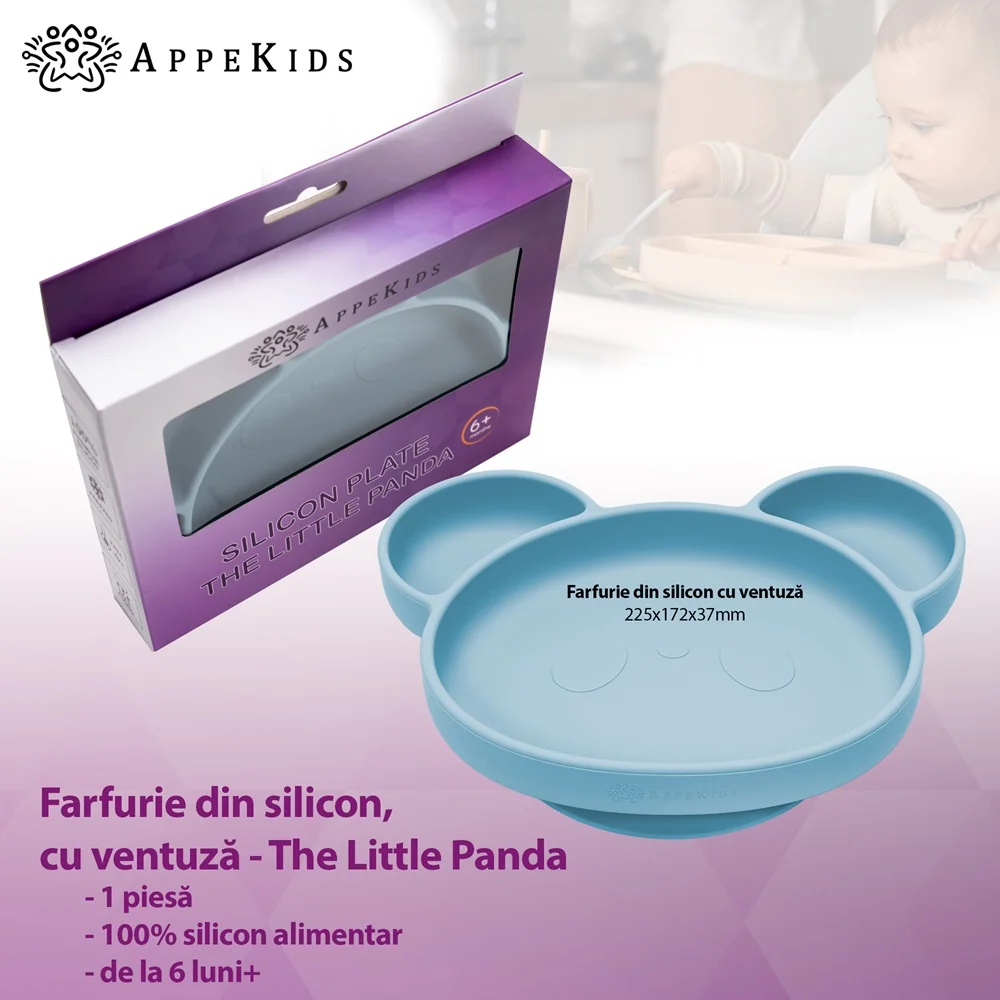 Farfurie din silicon cu ventuza Panda Aqua Blue 6 luni+, 1 bucata, Appekids