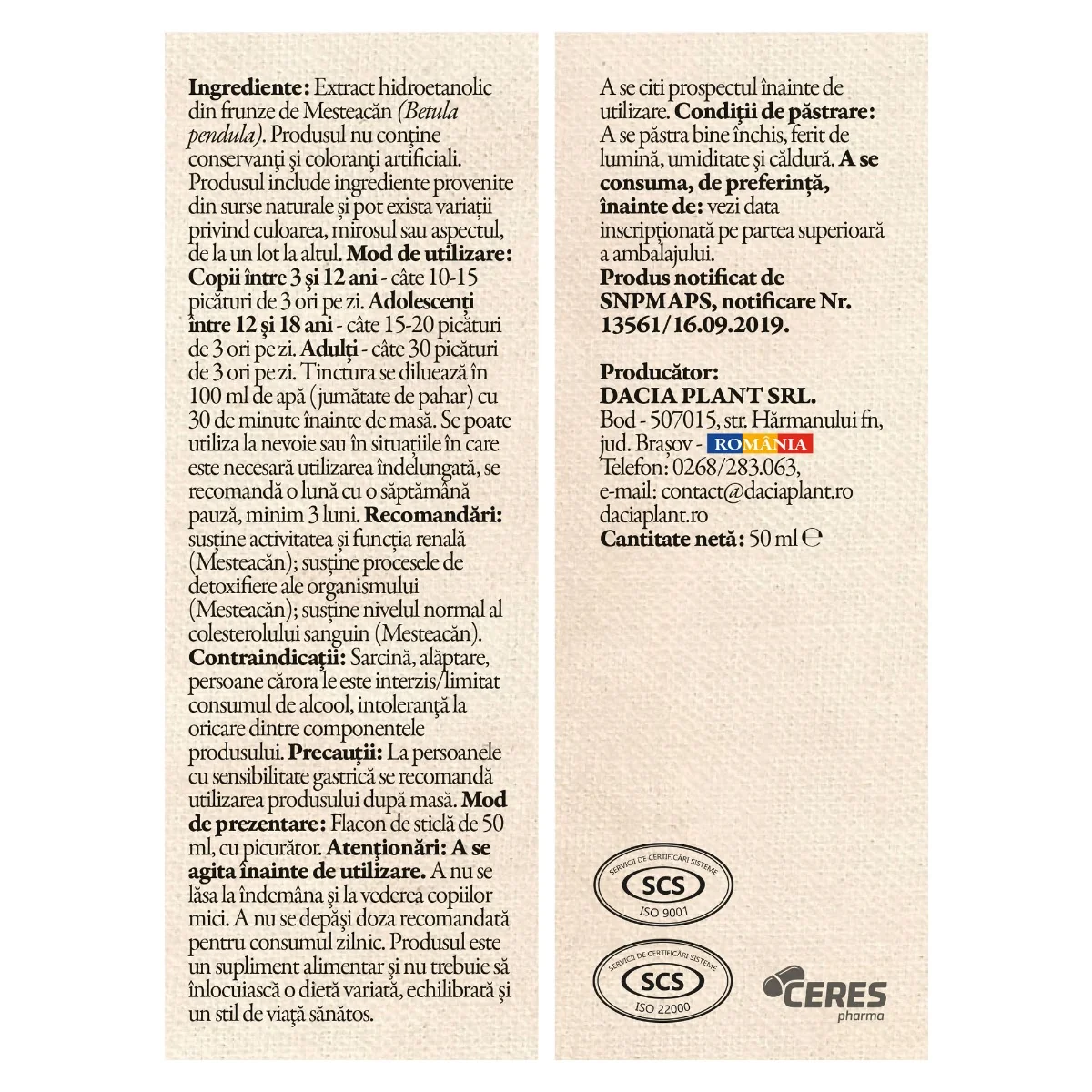 Tinctura de mesteacan, 50ml, Dacia Plant