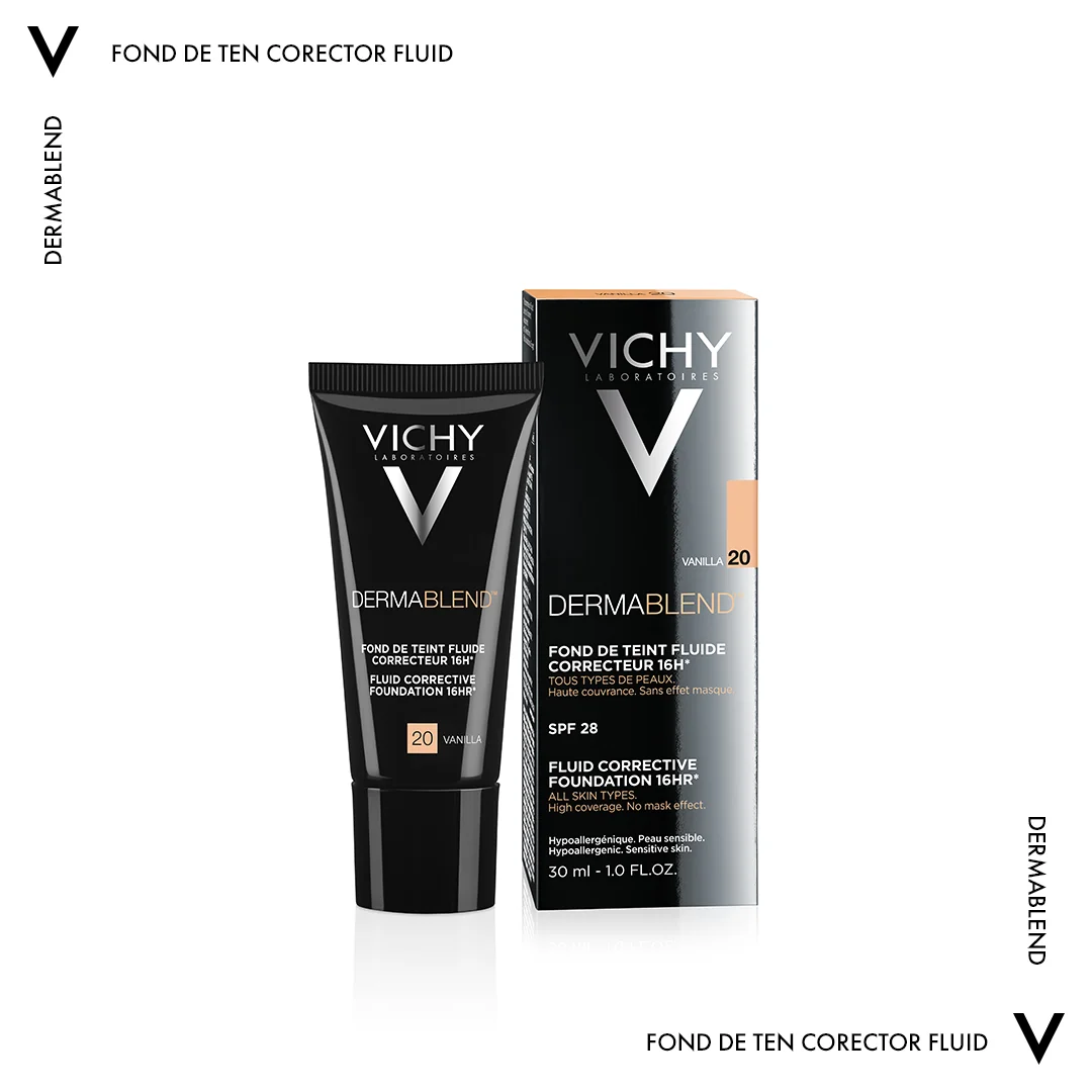 Fond de ten corector fluid rezistenta 16h SPF28 ten normal sau uscat Dermablend 20, 30ml, Vichy