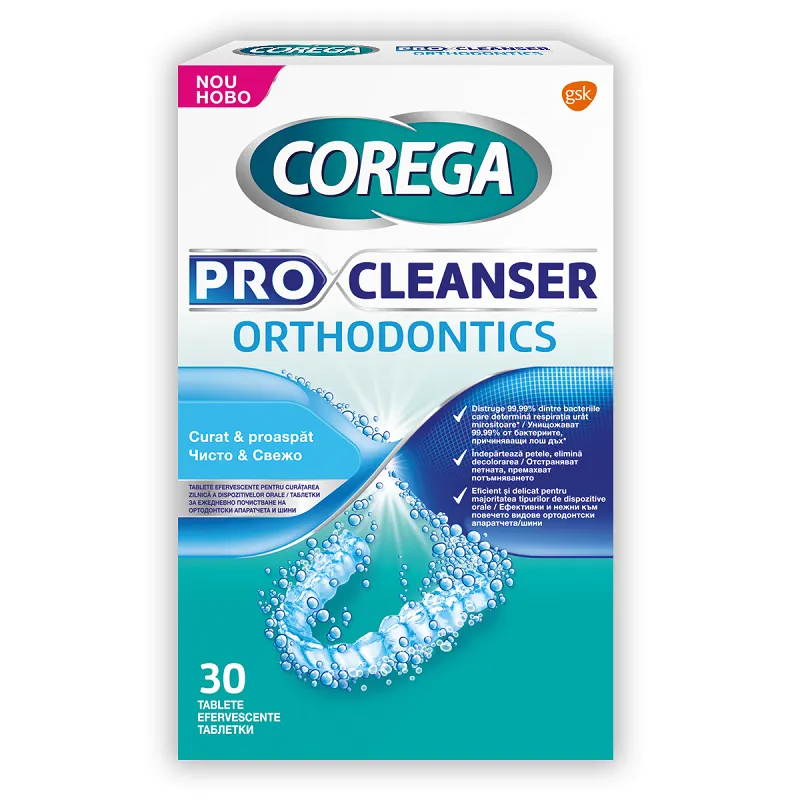 Tablete efervescente de curatare gutiere dentare Corega Pro Cleanser Orthodontics, 30 tablete, GSK