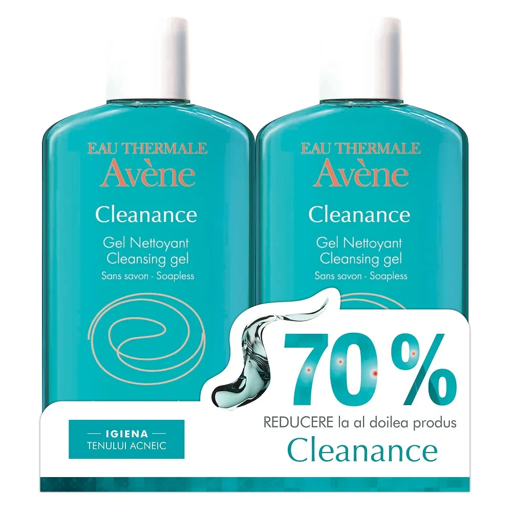 Pachet Gel de curatare pentru ten gras cu tendinta acneica Cleanance 1 + 70% reducere la al doilea produs, 2 x 200ml, Avene