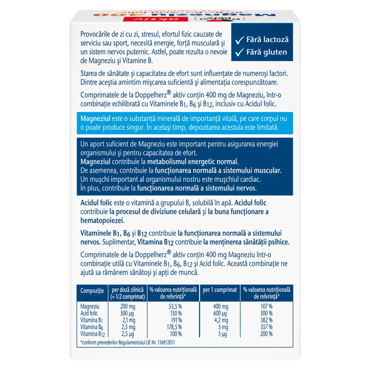 Magneziu 400 + B1 + B6 + B12 + Acid Folic, 30 + 10 comprimate, Doppelherz