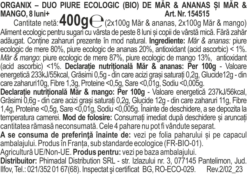 Duo Piure eco din mere cu ananas si mere cu mango +8 luni, 4x100g, Organix