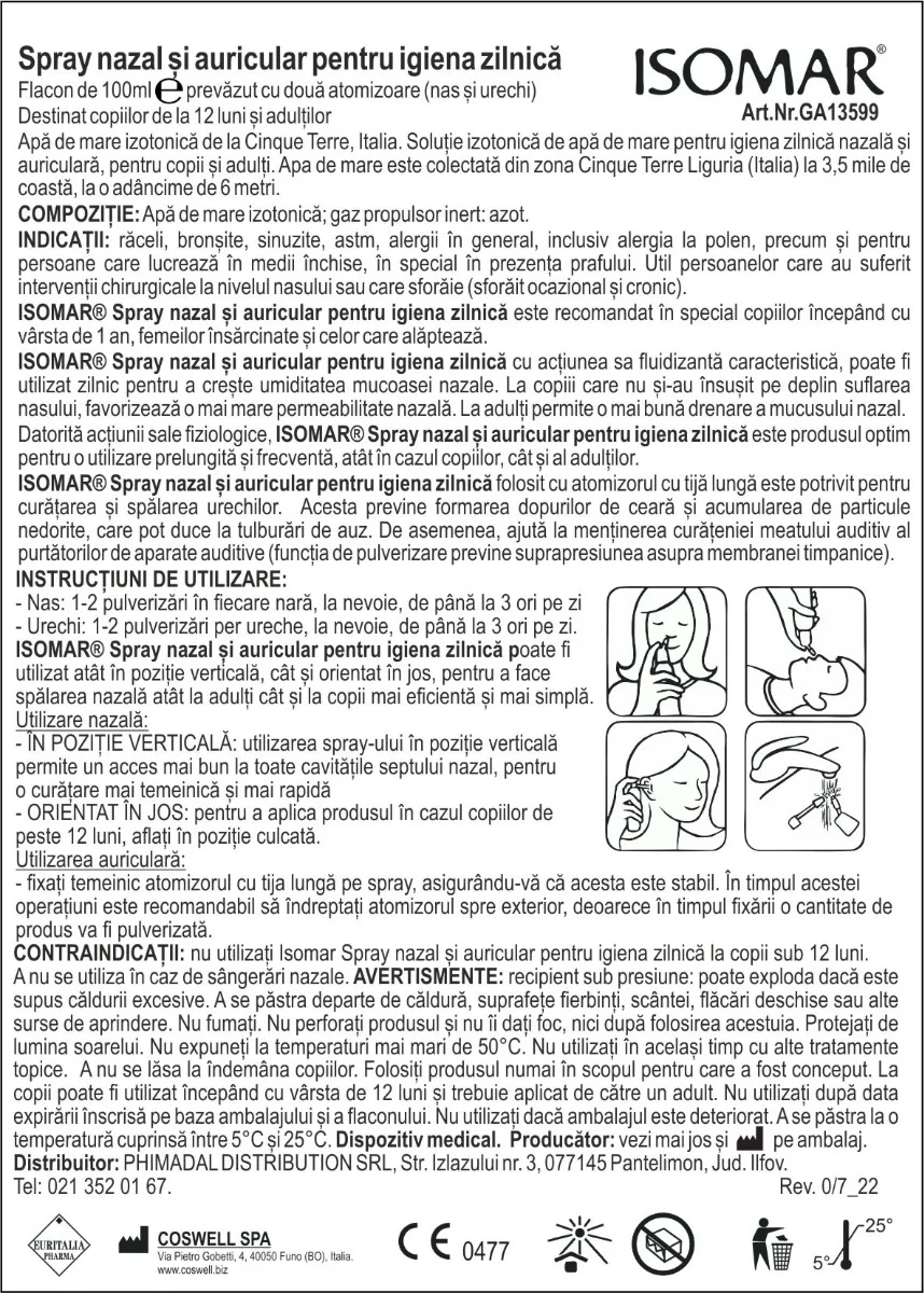 Spray nazal si de urechi Isomar cu apa de mare izotonica 12+, 100ml, Euritalia