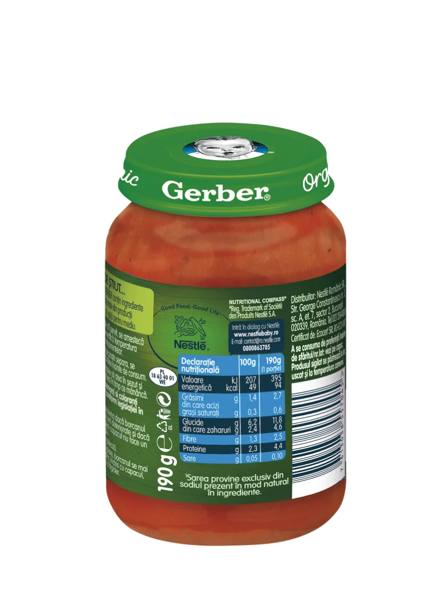 Piure Bio din morcovi cu rosii si curcan de la 6 luni, 190g, Gerber