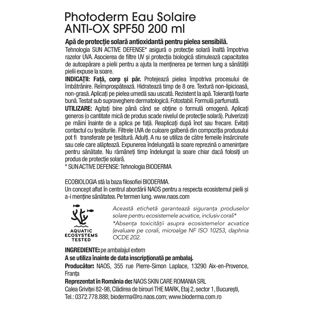 Apa de protectie solara antioxidanta SPF50 Photoderm Anti-OX, 200ml, Bioderma