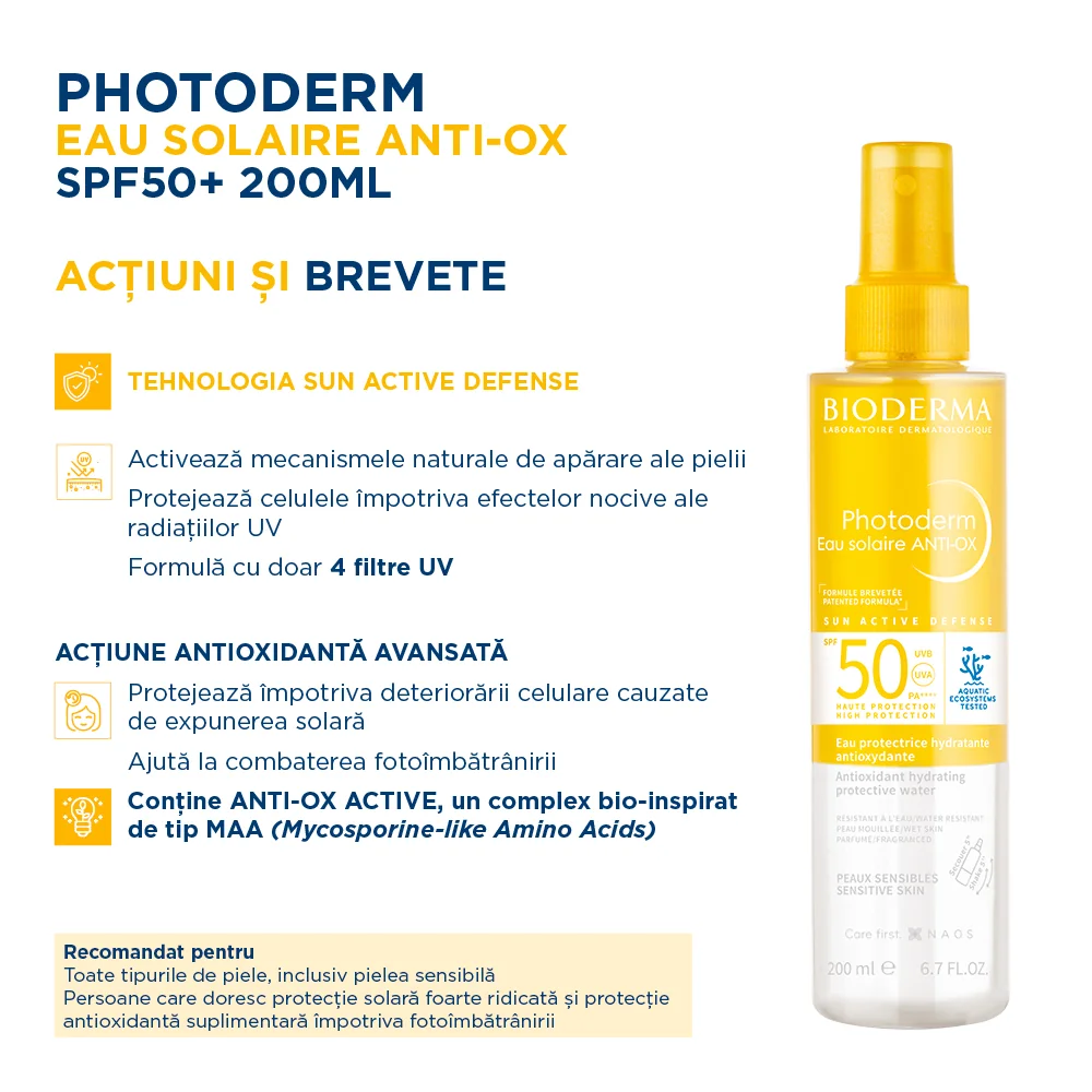 Apa de protectie solara antioxidanta SPF50 Photoderm Anti-OX, 200ml, Bioderma