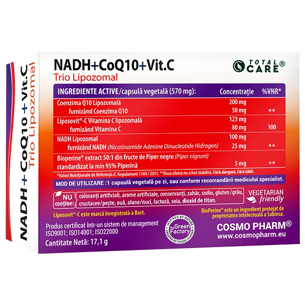 NADH + CoQ10 + Vitamina C Trio Lipozomal, 30 capsule vegetale, Cosmopharm