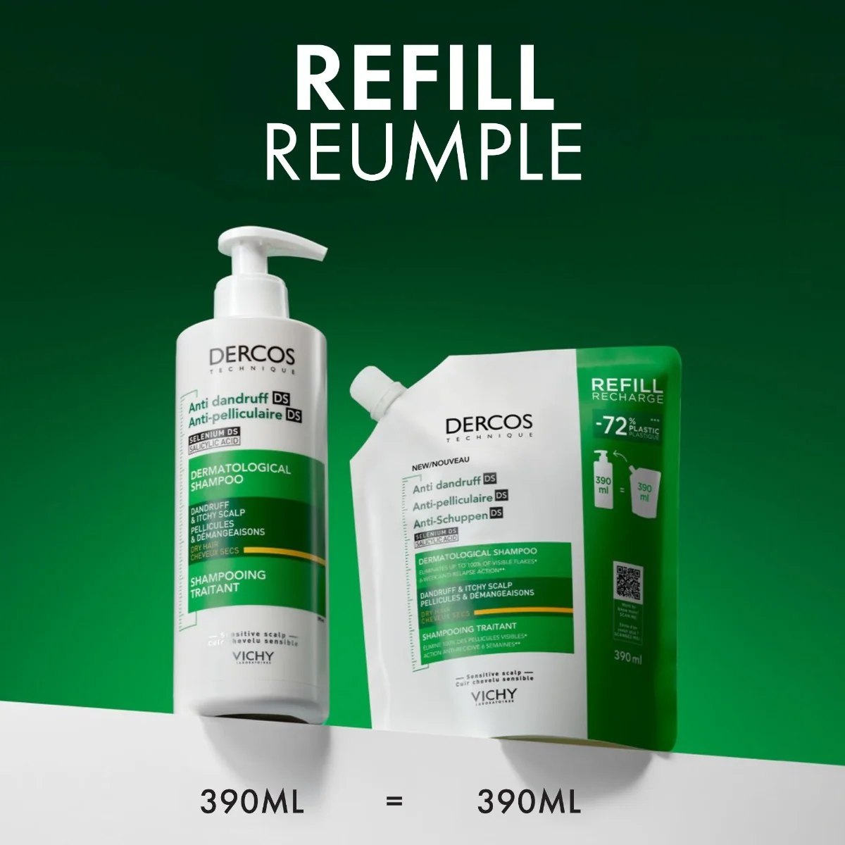 Rezerva Eco Sampon anti-matreata pentru par uscat Dercos, 390ml, Vichy