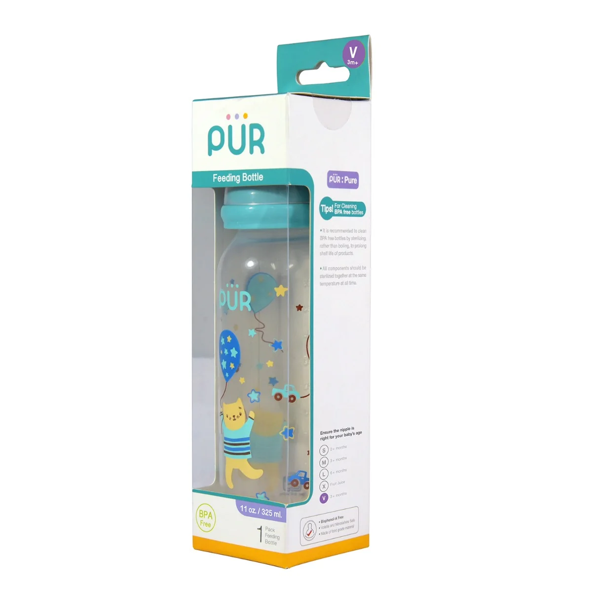 Biberon cu desen verde +3 luni, 325ml, PUR