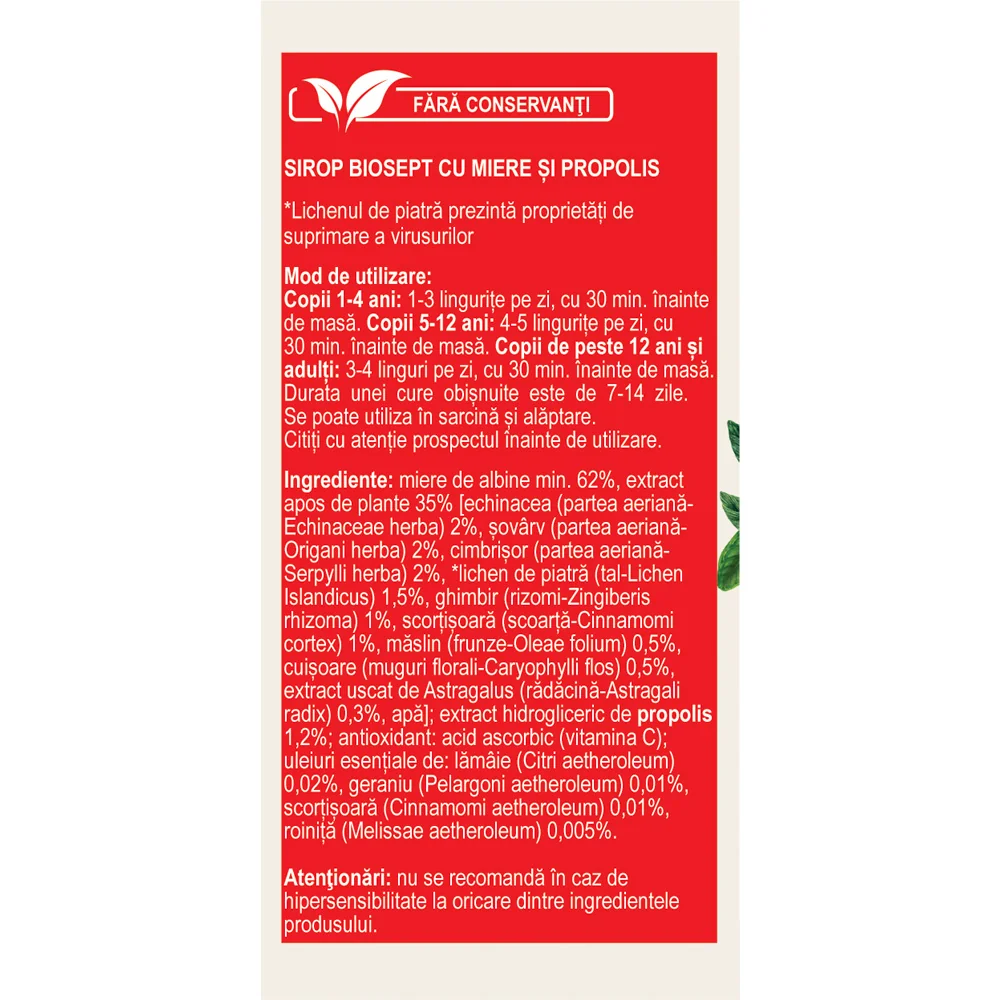 Sirop Biosept sirop A13 plante medicinale cu miere si propolis, 100 ml, Fares