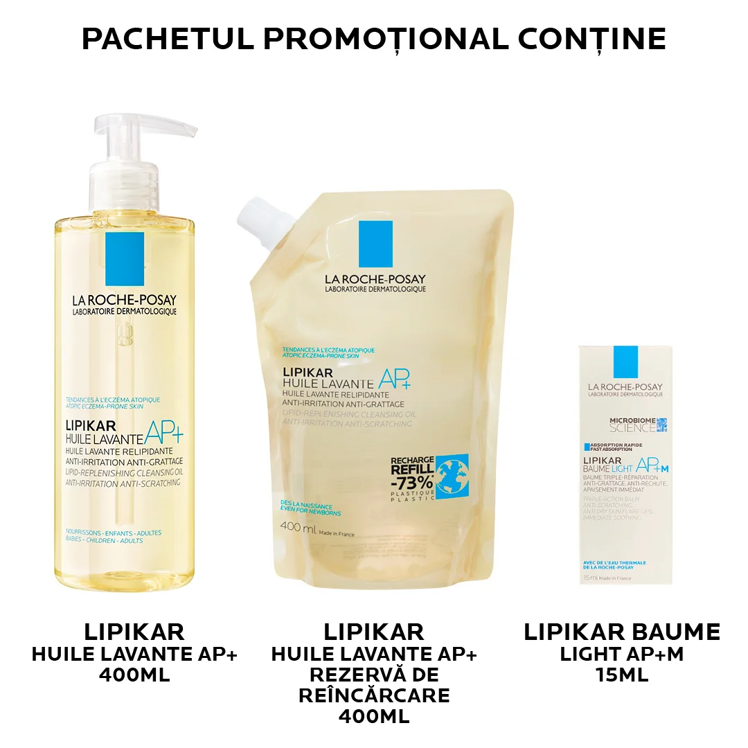Pachet Ulei de spalate Lipikar Huile Lavante AP+ 400ml + Rezerva Lipikar Huile Lavante 400ml + Lipikar baume Light AP+M 15ml, La Roche-Posay
